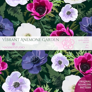 May include: A seamless digital pattern featuring vibrant magenta, white, and deep purple anemone flowers with dark green foliage on a dark background. A white horizontal banner displays the text VIBRANT ANEMONE GARDEN, MALVARTSTUDIO, 12x12, 3600x3600PX, 300 DPI, JPG, PNG, and ORIGINAL SEAMLESS PATTERN.