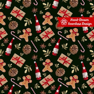 Nahtloses Muster mit Weihnachtswichteln und Lebkuchenmotiv, dunkelgrüner Festtagsstoff, digitales Papier mit nordischem Zuckerstangenmotiv, stimmungsvoller Weihnachtsdruck
