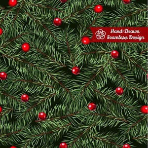 May include: A seamless pattern featuring dark green pine needles and bright red berries. A red banner in the upper right corner contains a white floral icon and the text Hand-Drawn Seamless Design in white script and sans-serif font.