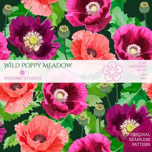 Rosa vallmo sömlöst mönster, mörkt blommigt digitalt papper, botaniska baljor tygtryck
