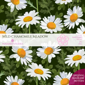 Sömlöst mönster med vita prästkragar, mörkgrönt blommigt digitalt papper, sommarbotaniskt tygtryck