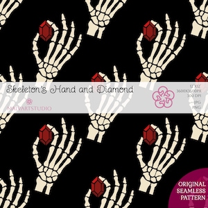 May include: A seamless digital pattern featuring off-white skeleton hands on a black background, each holding a faceted red gemstone. The image includes the text Skeleton's Hand and Diamond, 12x12, 3600x3600px, 300 DPI, JPG, PNG, and Original Seamless Pattern.