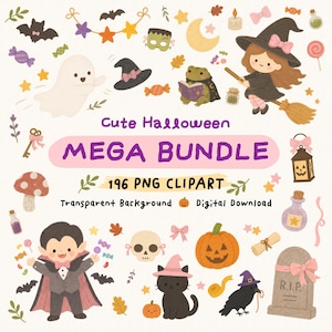 May include: A digital collection of Halloween-themed illustrations featuring a witch on a broom, a vampire, a ghost, a frog, a black cat, a pumpkin, a skull, a tombstone, bats, sweets, and stars with the text Cute Halloween MEGA BUNDLE 196 PNG CLIPART.