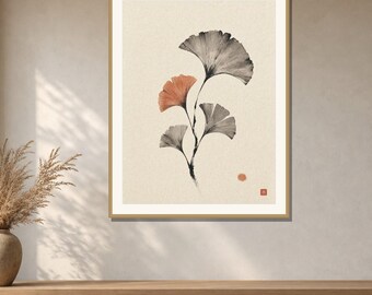 Ginkgo Leaf Wall Art Printable, Japanese Ink Painting Print, Botanical Sumi-e Art, Japandi Neutral Decor, Digital Download