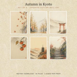 May include: A set of six wall art prints titled Autumn in Kyoto, featuring watercolor-style illustrations of maple leaves, a tree-lined path, a red torii gate, persimmons, a pagoda in the mountains, and a stone staircase in a misty landscape.