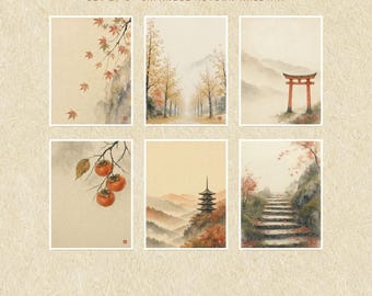 Autumn Wall Art Set of 6 Printable, Japanese Fall Decor, Kyoto Maple Ginkgo Torii Prints, Japandi Wabi Sabi Art, Digital Download