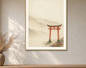 Torii Gate Wall Art Printable, Japanese Shrine Print, Misty Autumn Landscape, Zen Japandi Decor, Digital Download