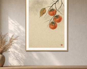 Persimmon Wall Art Printable, Japanese Kaki Fruit Print, Autumn Botanical Watercolor, Japandi Kitchen Decor, Digital Download