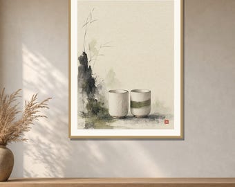 Yunomi Tea Cups Wall Art Printable, Japanese Kitchen Print, Sumi-e Watercolor Japandi Decor, Digital Download