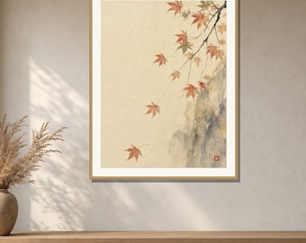 Fall Maple Wall Art Printable, Japanese Momiji Watercolor Print, Autumn Leaves Decor, Japandi Neutral Art, Digital Download