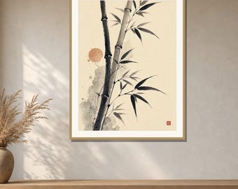 Bamboo Wall Art Printable, Sumi-e Ink Painting Print, Japanese Zen Bamboo Decor, Wabi Sabi Botanical Art, Digital Download