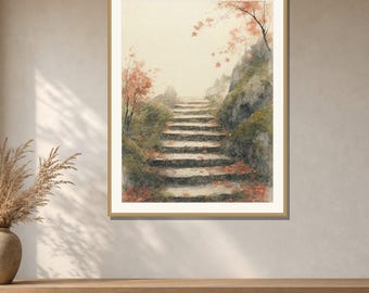 Stone Path Wall Art Printable, Japanese Temple Steps Print, Mossy Autumn Landscape, Zen Japandi Decor, Digital Download