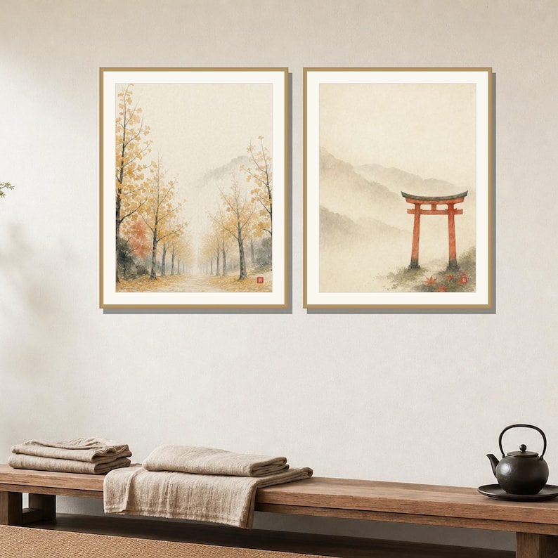 May include: Two framed wall art prints featuring watercolor-style landscapes. The left print shows a path lined with yellow autumn trees. The right print depicts a red torii gate set against misty mountains. Both prints have light wood frames.