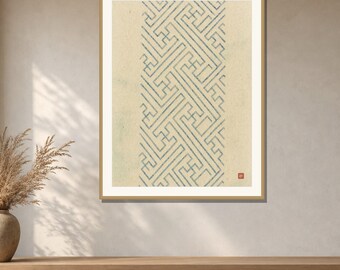 Sayagata Wall Art Printable, Japanese Key Fret Pattern Print, Indigo Line Geometric Art, Minimalist Japandi Decor, Digital Download