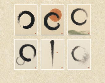 Enso Circle Wall Art Set of 6 | Printable Zen Sumi Ink Prints | Neutral Japandi Meditation Decor | Black Minimalist Digital Download