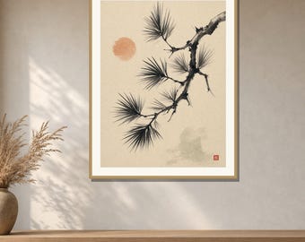 Pine Branch Wall Art Printable, Japanese Sumi-e Ink Print, Zen Pine Tree Art, Japandi Botanical Decor, Digital Download