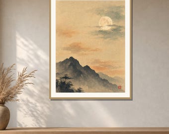 Full Moon Mountain Wall Art Printable, Japanese Night Sky Watercolor Print, Japandi Landscape Decor, Zen Moon Art, Digital Download