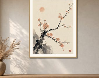 Plum Blossom Wall Art Printable, Japanese Ink Painting Print, Ume Branch Sumi-e Art, Wabi Sabi Floral Decor, Digital Download