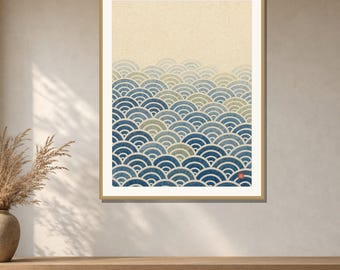 Seigaiha Wall Art Printable, Japanese Wave Pattern Print, Indigo Blue Ocean Waves, Wabi Sabi Japandi Decor, Digital Download