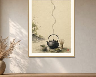 Tetsubin Kettle Wall Art Printable, Japanese Cast Iron Kitchen Print, Sumi-e Japandi Decor, Digital Download