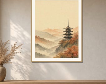 Japanese Pagoda Wall Art Printable, Kyoto Autumn Landscape Print, Layered Hills Mist Art, Japandi Decor, Digital Download