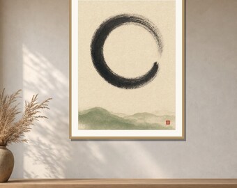 Zen Circle over Hills Wall Art Printable, Sage Green Enso Ink Print, Japandi Landscape Art, Digital Download