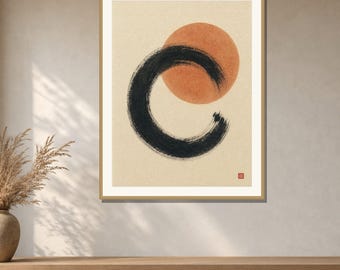 Enso and Sun Wall Art Printable, Terracotta Zen Circle Print, Japandi Ink Art, Minimalist Boho Decor, Digital Download