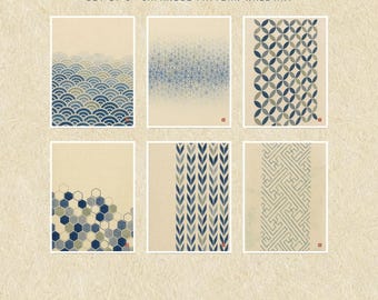 Japanese Pattern Wall Art Set of 6 Printable, Seigaiha Asanoha Indigo Prints, Wabi Sabi Japandi Decor, Digital Download