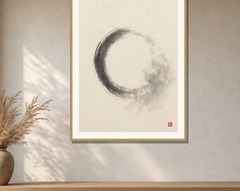 Misty Enso Wall Art Printable, Faded Zen Circle Ink Print, Soft Japandi Calligraphy Art, Neutral Decor, Digital Download