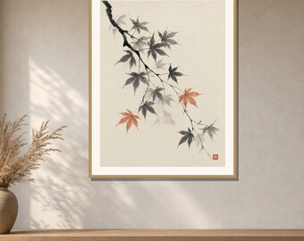Japanese Maple Wall Art Printable, Momiji Leaf Ink Print, Autumn Sumi-e Botanical Art, Japandi Decor, Digital Download