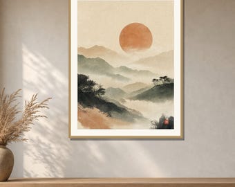 Japandi Sun and Hills Wall Art Printable, Terracotta Sunrise Watercolor Print, Wabi Sabi Landscape Art, Zen Japanese Decor, Digital Download