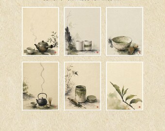Japanese Tea Wall Art Set of 6 Printable, Kyusu Matcha Kitchen Prints, Sumi-e Japandi Kitchen Decor, Digital Download
