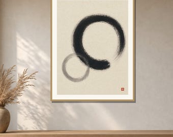 Double Enso Wall Art Printable, Two Zen Circles Ink Print, Japanese Calligraphy Art, Japandi Minimal Decor, Digital Download