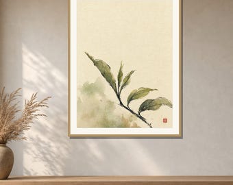 Tea Leaf Wall Art Printable, Green Tea Sprig Japanese Print, Botanical Japandi Kitchen Decor, Digital Download