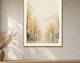 Ginkgo Tree Wall Art Printable, Japanese Autumn Avenue Print, Golden Fall Landscape, Japandi Neutral Decor, Digital Download
