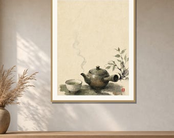 Kyusu Teapot Wall Art Printable, Japanese Tea Kitchen Print, Sumi-e Watercolor Japandi Decor, Digital Download