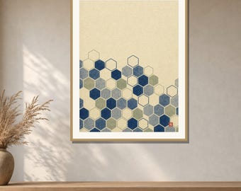 Kikko Wall Art Printable, Japanese Tortoiseshell Hexagon Pattern, Indigo Geometric Print, Japandi Wabi Sabi Decor, Digital Download