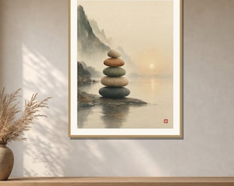Zen Stones Wall Art Printable, Balanced Rocks Watercolor Print, Japandi Meditation Decor, Wabi Sabi Stacked Stones Art, Digital Download