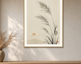 Pampas Grass Wall Art Printable, Japanese Susuki Ink Print, Neutral Autumn Botanical Art, Japandi Decor, Digital Download
