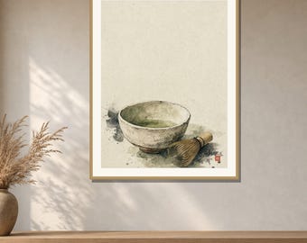 Matcha Bowl Wall Art Printable, Chasen Whisk Japanese Tea Print, Green Japandi Kitchen Decor, Digital Download
