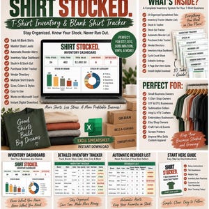 May include: A digital inventory management system for t-shirt businesses, featuring an Excel dashboard, stock trackers, and order lists. The display shows data visualizations, brand lists, and instructional guides for tracking blank shirt inventory and business stock levels.