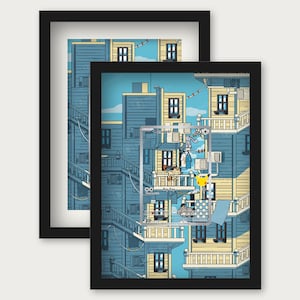 Pode incluir: Duas impressões de arte emolduradas com uma ilustração de um edifício urbano azul e amarelo com escadas externas e varandas. Um cartão colecionável transparente com o texto Meowth e Pikachu está sobreposto ao centro da impressão.