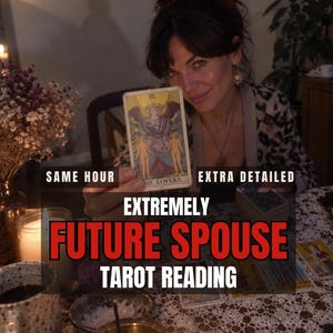 May include: A tarot card titled The Lovers featuring two figures under an angel, held in a hand. Text overlay reads: SAME HOUR, EXTRA DETAILED, EXTREMELY FUTURE SPOUSE TAROT READING. The scene includes a candle, a bowl of crystals, and cards.