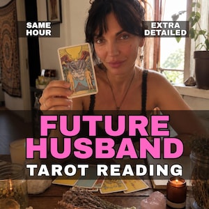 May include: A tarot card featuring two figures under a sun, held up with text overlays reading SAME HOUR, EXTRA DETAILED, FUTURE HUSBAND, and TAROT READING. The card displays a colorful illustration of two people standing before a mountain.