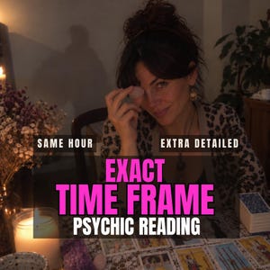 May include: A psychic reading service advertisement featuring the text SAME HOUR, EXTRA DETAILED, EXACT TIME FRAME, PSYCHIC READING. The image displays a collection of tarot cards spread on a table, a lit candle, and a small smooth pink crystal stone.