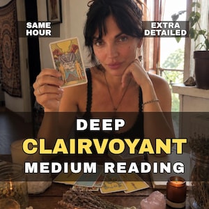May include: A tarot card featuring a colorful illustration of two figures under a sun, held up by a person. Text overlays read SAME HOUR, EXTRA DETAILED, DEEP CLAIRVOYANT MEDIUM READING. Several other tarot cards are spread out on a wooden table.