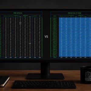 May include: A computer monitor displaying two side-by-side data tables with green and blue headers labeled PRE-ÉPOCA and INÍCIO DA 2ª FASE. The screen shows rows of athlete names and numerical statistics, with the text VS centered between the two tables.