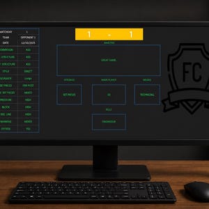 Può includere: Un monitor di computer che mostra una dashboard di analisi di una partita di calcio con un punteggio di 1-1, dati tattici e uno stemma FC. Lo schermo mostra i dettagli della partita, la formazione e i ruoli dei giocatori in testo verde.