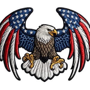 May include: An embroidered patch featuring a bald eagle with wings spread wide. The wings are patterned with the American flag design, displaying red and white stripes and a blue field with white stars. The eagle has a white head and yellow beak.