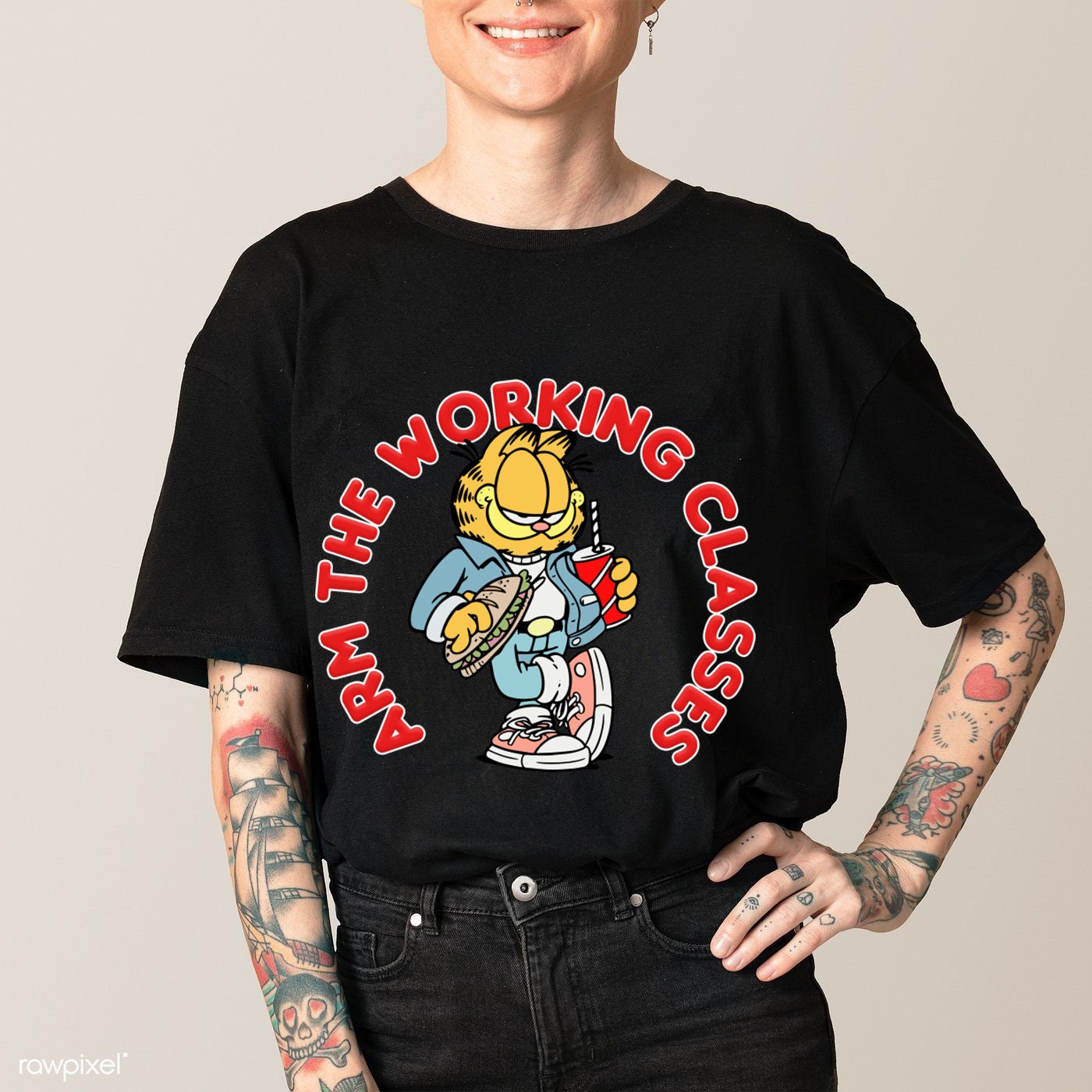 Discover Arm The Working Classes Garfield Meme T-Shirt